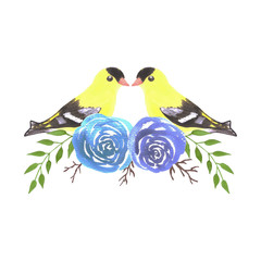 American goldfinch couples on rose twigs- seamless flowers and yellow birds