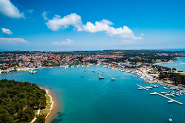Aerial view from Medulin town and Medulin marina under beautiful blue sky with nice white clouds aerial view, Croatia