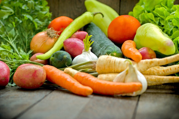 Healthy fresh food, organic vegetable on rustic table