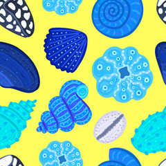 Vector seamless pattern with colorful shells. Ornament with seashells. Wrapping paper, package, wallpaper, clothing and other textile in a pet store or aquapark, print on shower curtain, beach mat