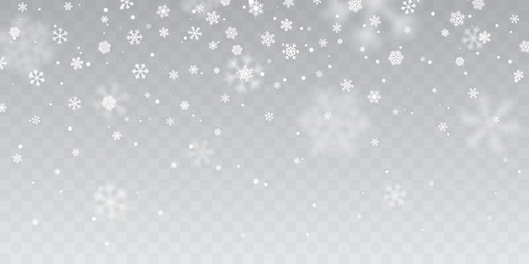 Christmas snow. Heavy snowfall. Falling snowflakes on transparent background. White snowflakes flying in the air. Vector illustration