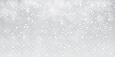 Christmas snow. Heavy snowfall. Falling snowflakes on transparent background. White snowflakes flying in the air. Vector illustration