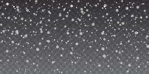 Christmas snow. Heavy snowfall. Falling snowflakes on transparent background. White snowflakes flying in the air. Vector illustration