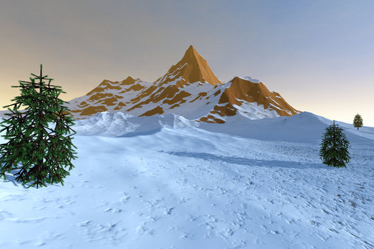 Mountain, an alpine landscape, snow on the ground and beautiful trees and a hazy sky.