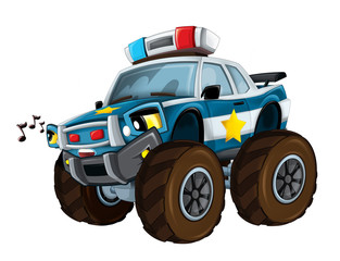 cartoon happy and funny off road police car looking like monster truck whistle vehicle illustration for children