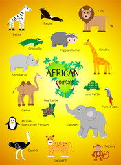 African animals poster for children, home schooling, kindergarten, preschoolers. Giraffe, elephant, hippo, jaco, crocodile, ostrich, eagle, zebra, lion, turtle, monkey, penguin, camel