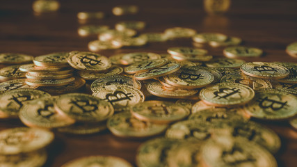 bitcoins on wooden floor