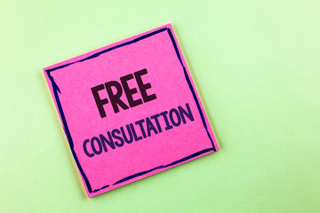 Text sign showing Free Consultation. Conceptual photo asking someone expert about confusion inquiry Get advice written Pink Sticky Note Paper the plain background.