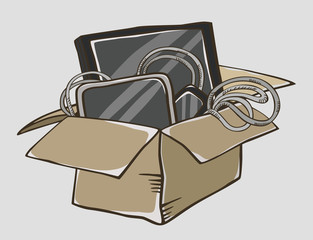 Electronic devices in the box. Hand drawn illustration with phone in the box.
