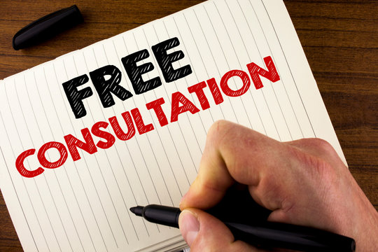 Conceptual hand writing showing Free Consultation. Business photo showcasing asking someone expert about confusion inquiry Get advice written by Man Notebook Book Wooden background Marker.