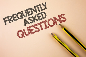 Writing note showing Frequently Asked Questions. Business photo showcasing most common inquiries Informations Help Guide written Plain background Pencils next to it.