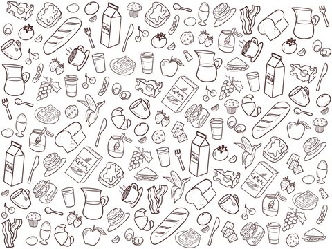 seamless background pattern of breakfast set in dark brown color on white background.