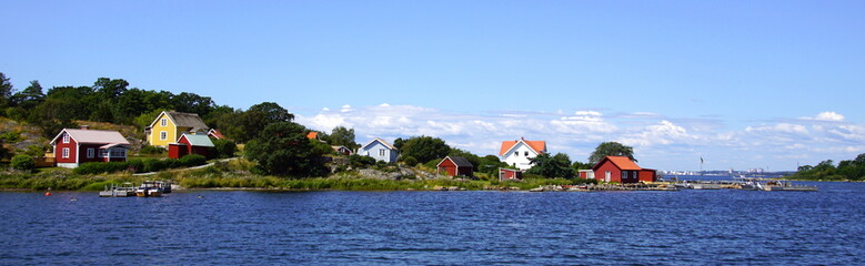 Fototapeta na wymiar Cityscape of island village Tärnö, the largest and southernmost island in Hällaryd archipelago in Sweden.