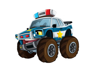 cartoon happy and funny off road police car looking like monster truck smiling vehicle illustration for children