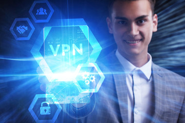 The concept of business, technology, the Internet and the network. A young entrepreneur working on...