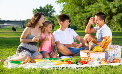 Fototapeta premium Happy young parents with two teenagers having a picnic on the countryside