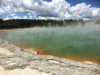 The stunning coloured geo thermal pools with steam at Wai-O-Tapu just outside of Rotorua, New Zealand.