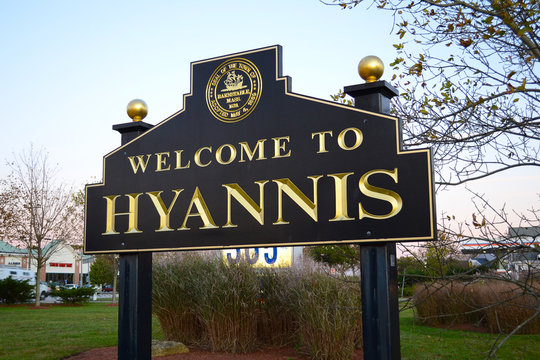 BARNSTABLE, MASSACHUETTS - NOV 111, 2017: Welcome to Hyannis sign. Hyannis is a village on the Cape Cod peninsula, known for beaches and the private Kennedy Compound at nearby Hyannis Port.