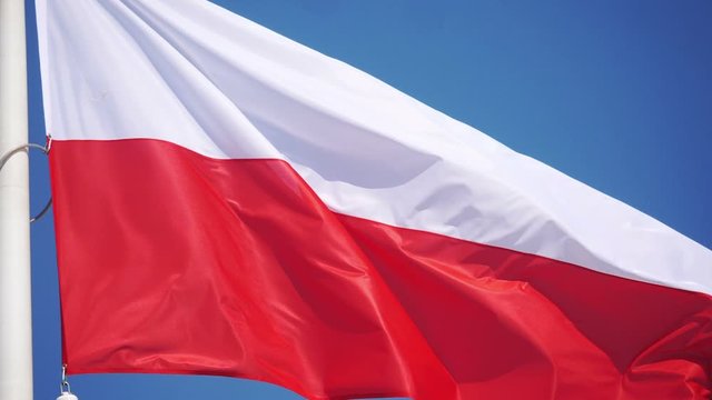Polish flag waving on mast in slow motion 180fps 