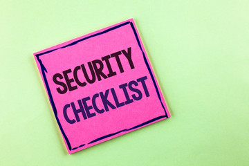 Text sign showing Security Checklist. Conceptual photo list with authorized names to enter allowing procedures written Pink Sticky Note Paper the plain background.