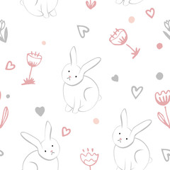 Little sweet bunny with spring flowers seamless pattern on white background. Cute kids or holiday background. Cartoon baby rabbit illustration.