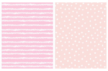 Simple Hand Drawn Irregular Geometric Patterns. White Horizontal Stripes and Brush Style Spots Isolated on a Light Pink Background. Children's Scrawl Like Repeatable Design.