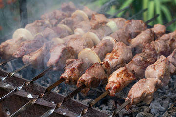 The meat is fried barbecue on a skewer in the garden with smoke