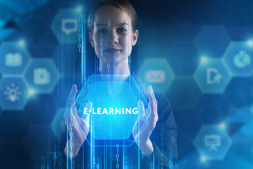The concept of business, technology, the Internet and the network. A young entrepreneur working on a virtual screen of the future and sees the inscription: E-learning