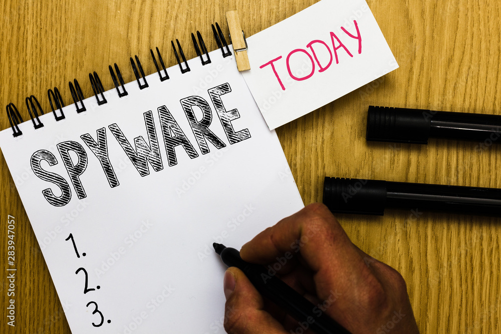 Poster writing note showing spyware. business photo showcasing software that enables user obtain informatio