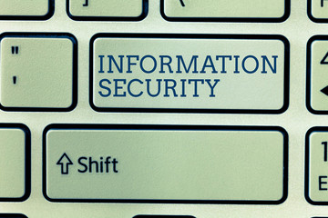 Conceptual hand writing showing Information Security. Business photo showcasing INFOSEC Preventing Unauthorized Access Being Protected.