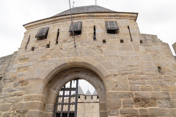 entrance of the ancient medieval castle of the fortress of Carcassonne in Aude France