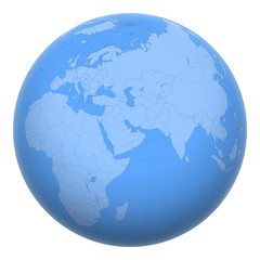 Qatar on the globe. Earth centered at the location of the State of Qatar. Map of Qatar. Includes layer with capital cities.