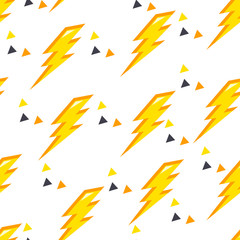 Seamless pattern with yellow lightning and triangles on white background.  Pattern for fabric and textiles.