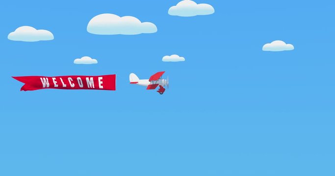 Welcome sign on red waving banner and old plane. Greeting message in motion graphics animated video with 3D elements
