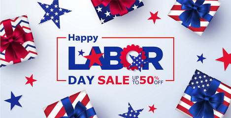 Happy Labor Day Sale banner. Festive design with gift boxes in national colors of american flag and pattern of stars. USA banner for sale, discount, advertisement, web. Place for text