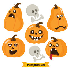 Halloween funny Pumpkin vector icons set. Simple flat style design. Halloween Pumpkin vector. Pumpkin head. Vector illustration. Child cartoon pumpkin