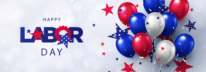 Happy Labor Day greeting banner. Festive design with helium balloons in national colors of american flag and pattern of stars. USA banner for sale, discount, advertisement, web. Place for text