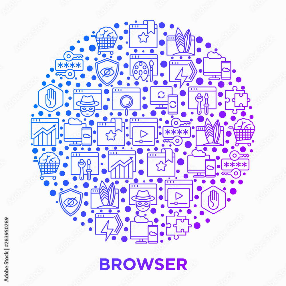 Poster browser concept in circle with thin line icons: add-ons, extension, customize browser, sync between 
