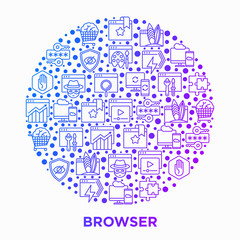 Browser concept in circle with thin line icons: add-ons, extension, customize browser, sync between devices, bookmark, private, ad blocking, password manager, surfing internet. Vector illustration.