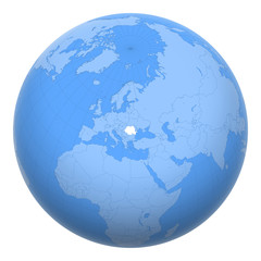Romania on the globe. Earth centered at the location of Romania. Map of Romania. Includes layer with capital cities.