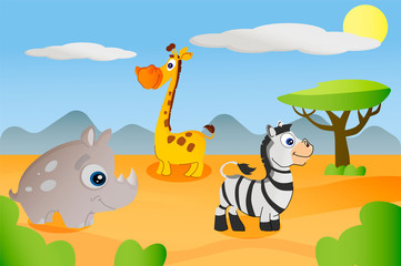 set of animal rhino, giraffe, zebra on africa background