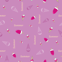 Seamless pattern ice-cream and text on purple background