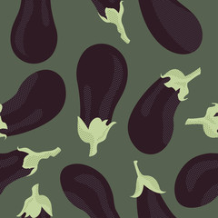 Retro purple eggplant on green background seamless pattern - 283952281