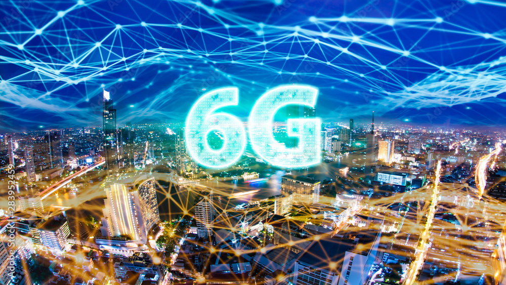 Poster 6g network digital hologram and internet of things on city background.6g network wireless systems.