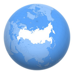 Russia on the globe. Earth centered at the location of the Russian Federation. Map of Russia. Includes layer with capital cities. - 283952816