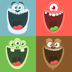 Cartoon monster faces set. Vector set of four Halloween monster faces