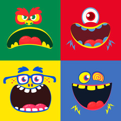 Cartoon monster faces set. Vector set of four Halloween monster faces