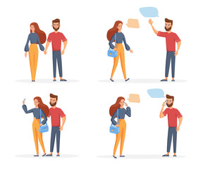 Set of a loving young couple man and woman. Meet, make a selfie, talk on the phone. Vector illustration in a flat style