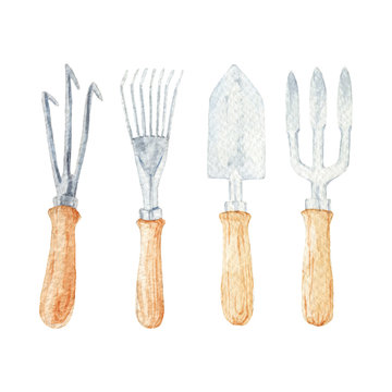 Cultivator, sneeboer, rake, trowel. Watercolor garden tools. Hand drawn illustration isolated on white background.