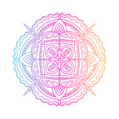 Round bright gradient mandala on white isolated background. Vector boho mandala in blue, yellow and pink colors. Mandala with abstract patterns. Yoga template